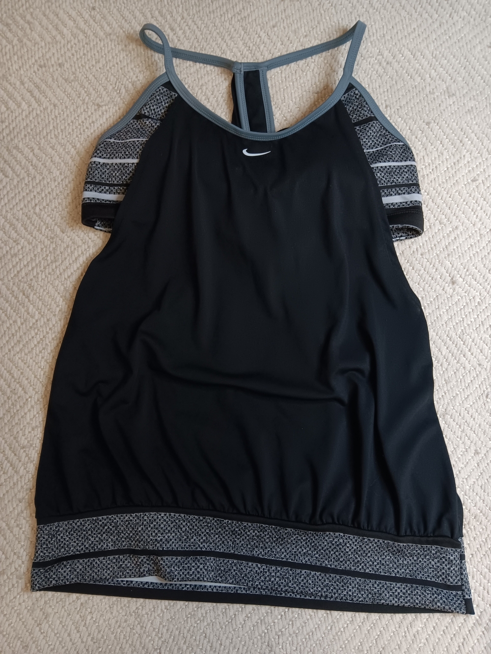 Nike Women’s Layered Black Tank with Gray Trim and Patterned Bands